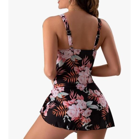 Eomenie Swim Dress 2XL Floral Black Pink One Piece Swimsuit Adjustable Straps - Picture 2 of 7